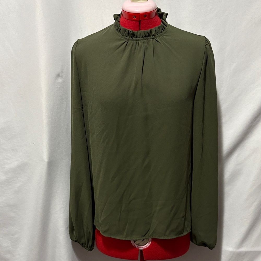 SHEIN Dark Green Ruffle Neck Blouse